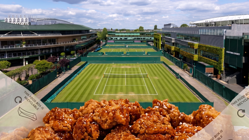 Wimbledon-inspired dish featuring fried chicken paired with fresh strawberries on a plate, blending savory and sweet flavors.