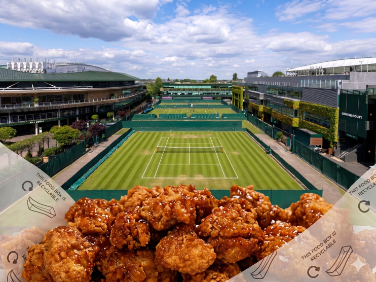 Wimbledon-inspired dish featuring fried chicken paired with fresh strawberries on a plate, blending savory and sweet flavors.