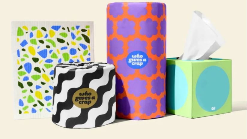 Eco-friendly toilet paper rolls from Who Gives a Crap company displayed in sustainable packaging on a wooden surface