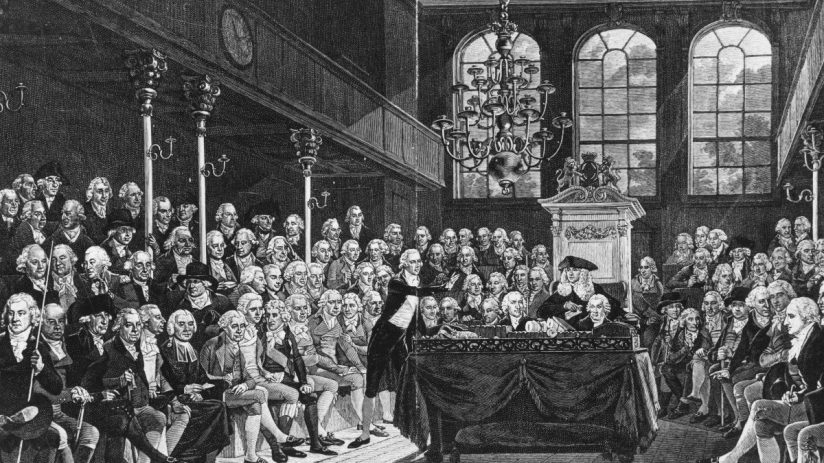 William Pitt the Younger delivering a speech in the historical parliament setting, showcasing 18th-century British politic...