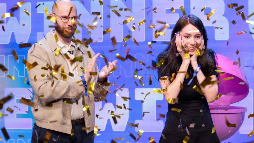 Luana from Brazil celebrates winning Candy Crush All Stars 2026 amidst colorful confetti explosion