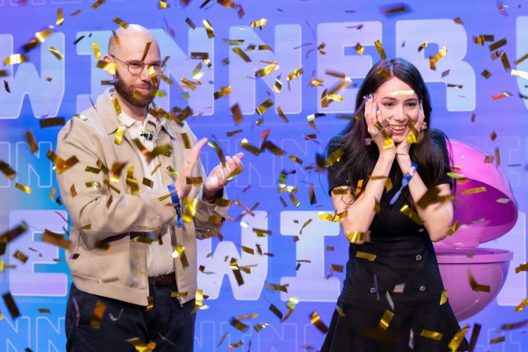 Luana from Brazil celebrates winning Candy Crush All Stars 2026 amidst colorful confetti explosion