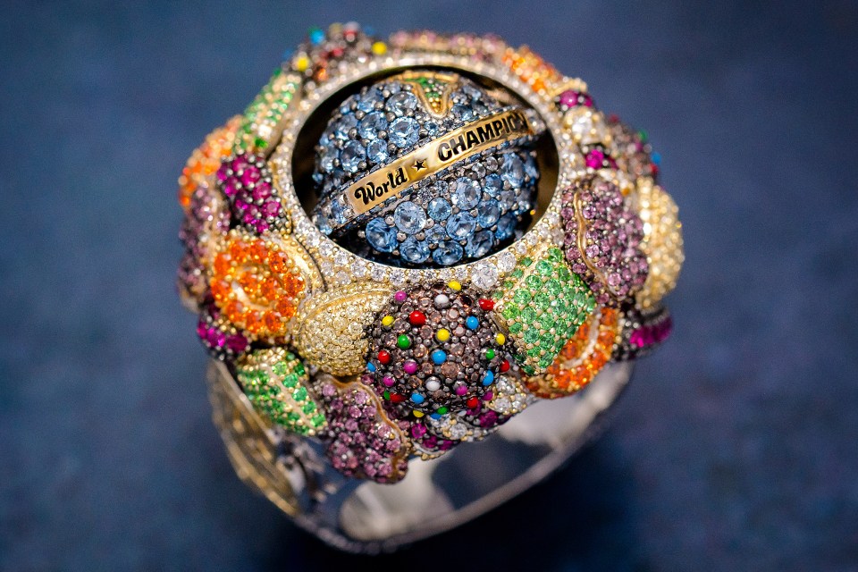 Championship ring showcasing intricate design and sparkling gemstones symbolizing victory and achievement in sports compet...