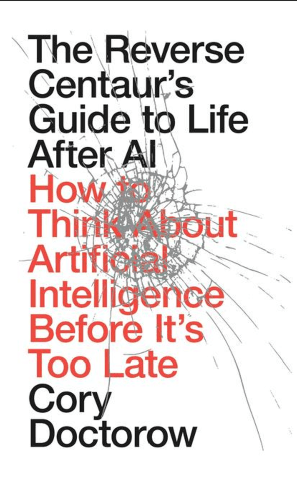 Cory Doctorow discussing AI advancements at a tech conference podium, focusing on ethical implications and future trends