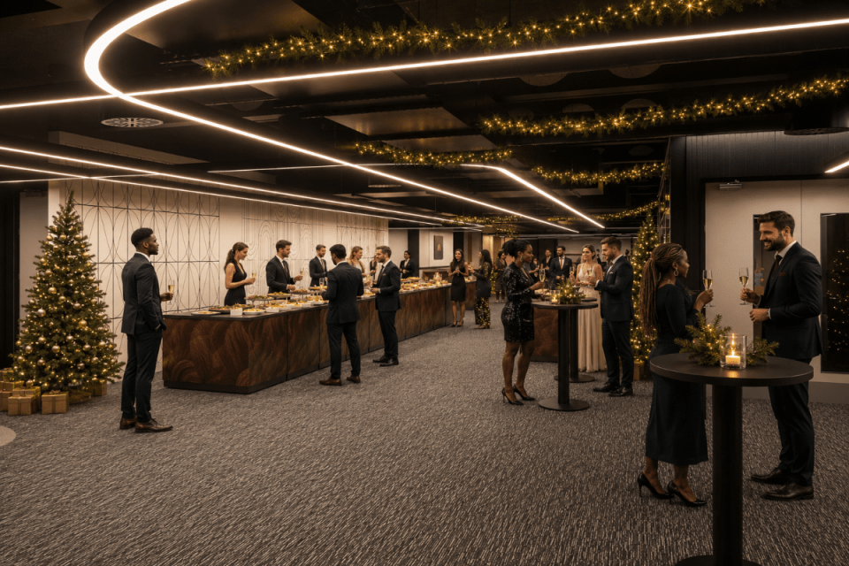 Festive food stations showcasing diverse culinary delights, featuring vibrant decorations and an array of seasonal dishes.