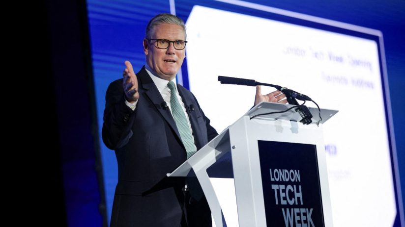 Keir Starmer speaking at London Tech Week conference, discussing innovation and technology advancements in the UK.