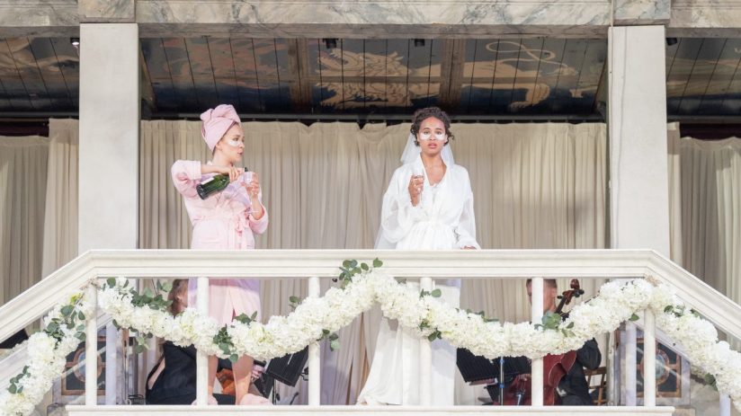 Matilda Bailes as Margaret and Assa Kanoute as Hero performing in Much Ado About Nothing at Shakespeares Globe theater.
