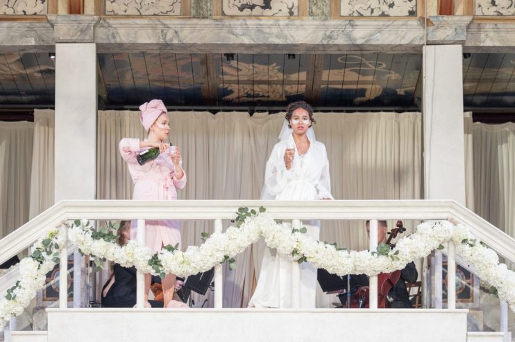 Matilda Bailes as Margaret and Assa Kanoute as Hero performing in Much Ado About Nothing at Shakespeares Globe theater.