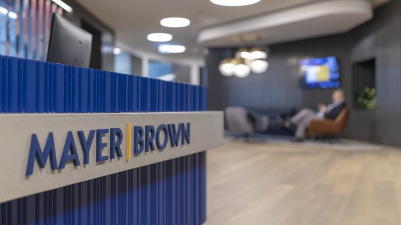 Mayer Brown office building exterior with logo, highlighting corporate architecture and professional business environment