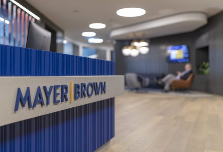 Mayer Brown office building exterior with logo, highlighting corporate architecture and professional business environment