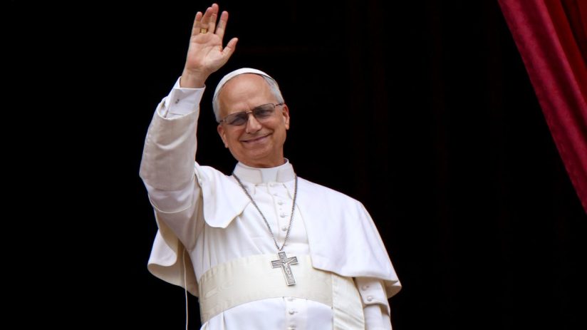 Pope Leo depicted in traditional papal attire delivering a speech at the Vatican, surrounded by historical architecture.