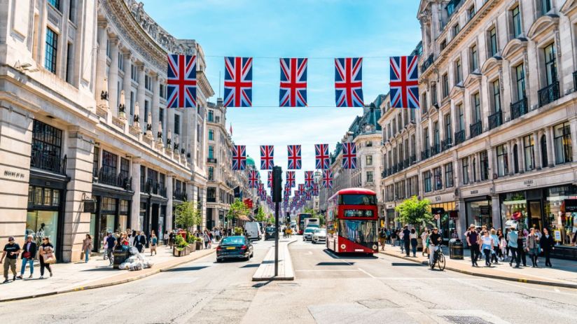 Bustling Regent Street showcasing vibrant storefronts and diverse pedestrians, capturing the essence of urban life.