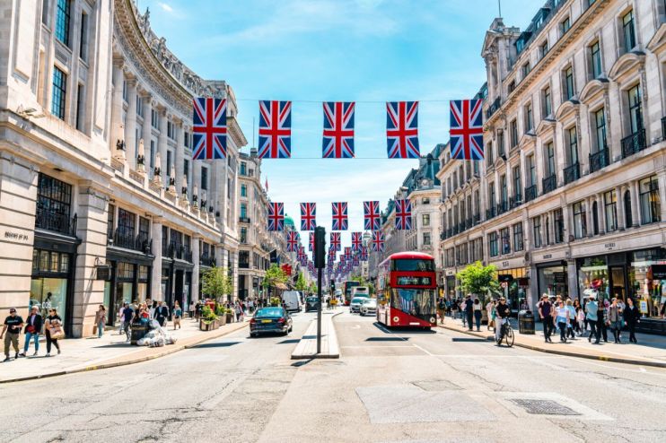 Bustling Regent Street showcasing vibrant storefronts and diverse pedestrians, capturing the essence of urban life.