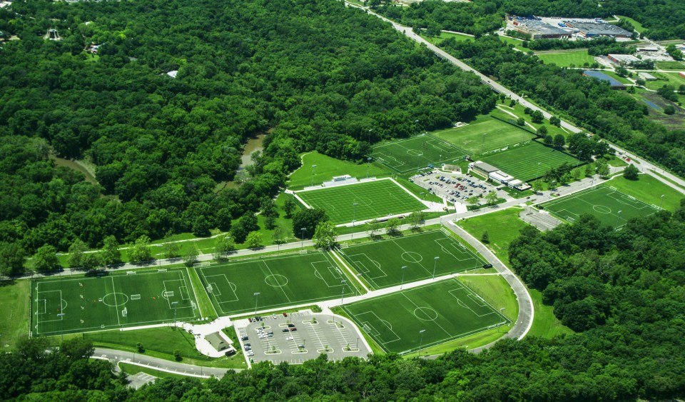 Swope Soccer Village aerial view showing well-maintained soccer fields and training facilities in Kansas City