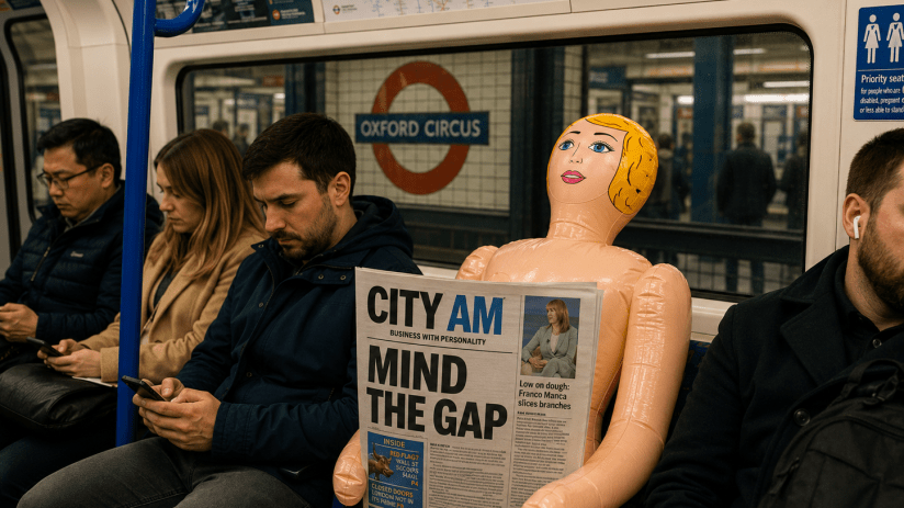 Abandoned doll on London Tube seat holding Morning Wire newspaper, capturing urban life and public transport atmosphere
