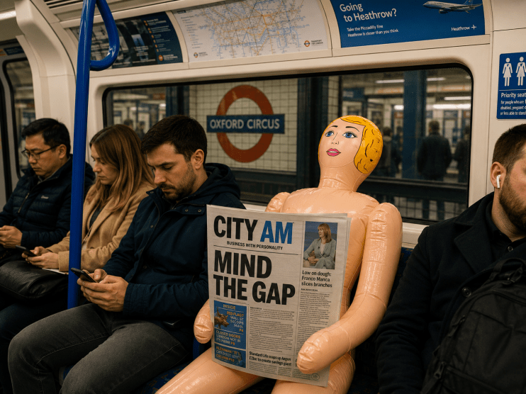 Abandoned doll on London Tube seat holding Morning Wire newspaper, capturing urban life and public transport atmosphere