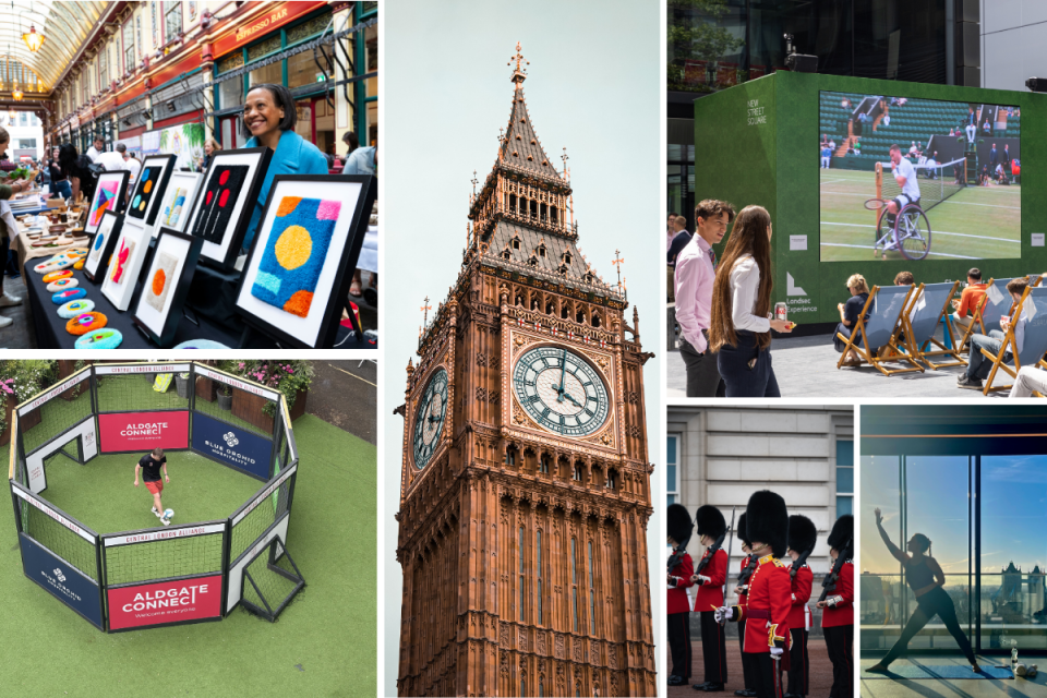 Central London bustling with summer events, vibrant markets, and cultural film festivals against historic landmarks in July.