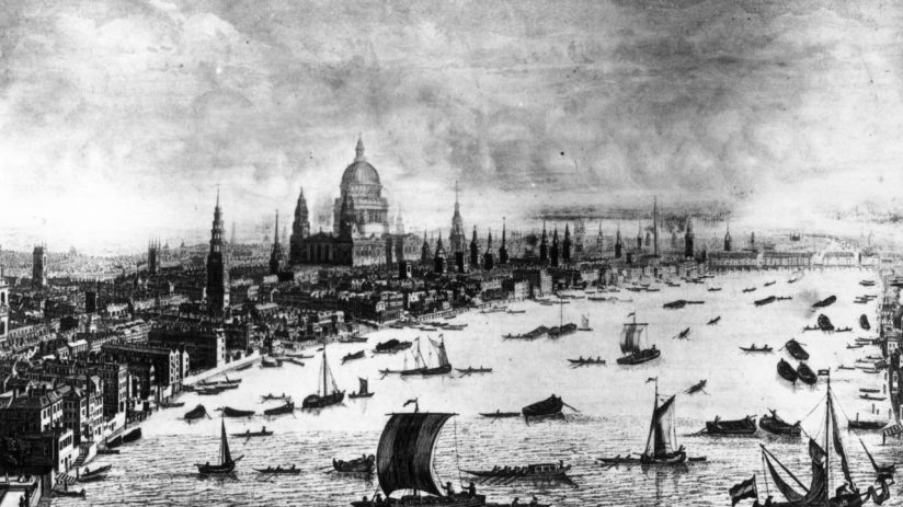 Historic illustration of 1754 Canada skyline with St. Pauls Cathedral and surrounding architecture, showcasing 18t...