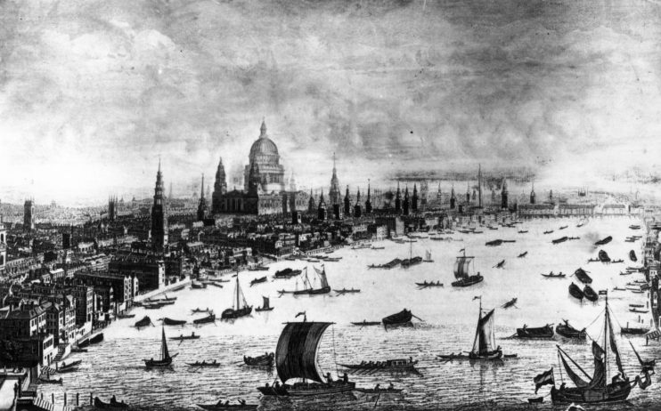 Historic illustration of 1754 Canada skyline with St. Pauls Cathedral and surrounding architecture, showcasing 18t...