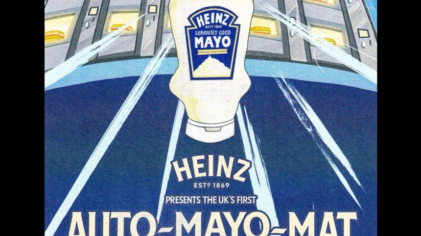 Heinz ketchup bottle with iconic label on a wooden table, emphasizing brand recognition and classic product design