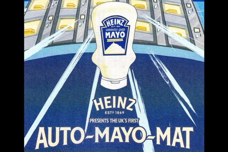 Heinz ketchup bottle with iconic label on a wooden table, emphasizing brand recognition and classic product design