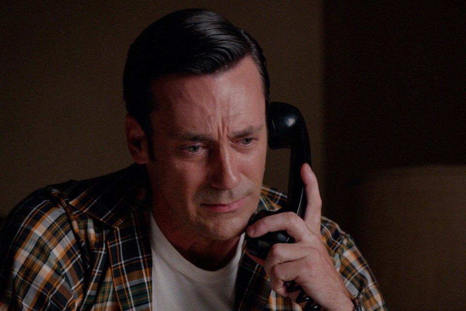 Mad Men character on a vintage telephone call, set in a 1960s office environment, showcasing retro business attire and decor