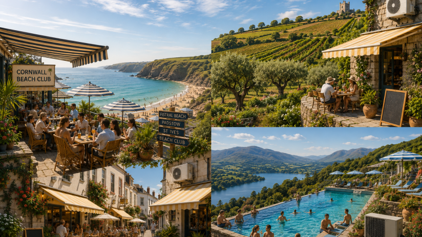 Stunning Mediterranean-inspired landscape in Britain with lush greenery and vibrant blue skies.