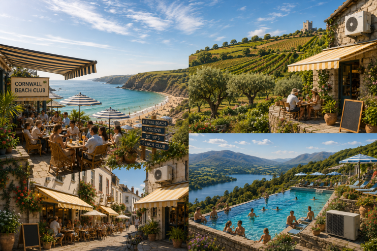 Stunning Mediterranean-inspired landscape in Britain with lush greenery and vibrant blue skies.