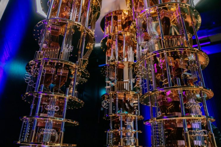 Advanced quantum computer with intricate circuits and glowing interface, illustrating cutting-edge technology innovations