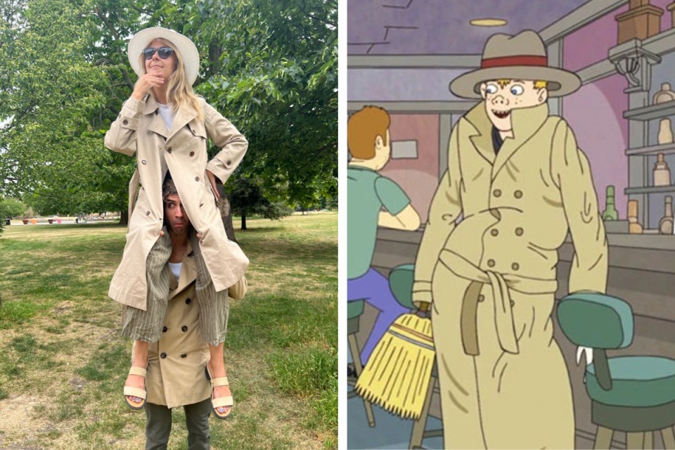 Two kids in a trenchcoat mimicking an adult, inspired by classic TV tropes, with Amelia as a central character.