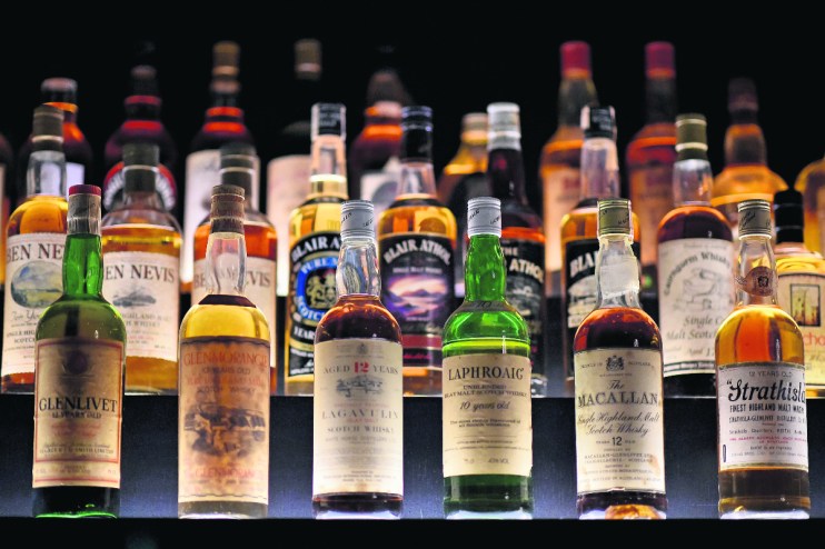 Assortment of various Scotch whisky bottles including Glenlivet, Glenmorangie, Lagavulin, Laphroaig, and Macallan.