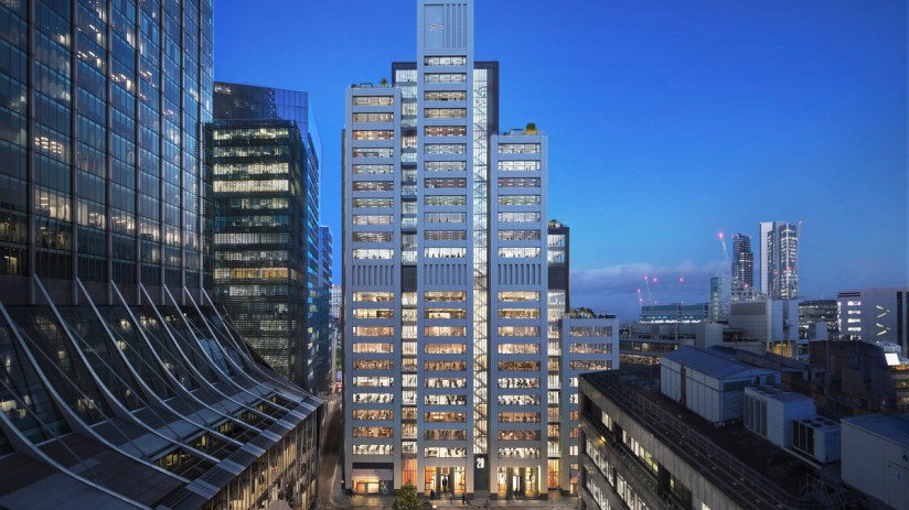 Exterior of 20 Ropemaker, a modern London office building, showcasing its sleek architecture and urban setting.