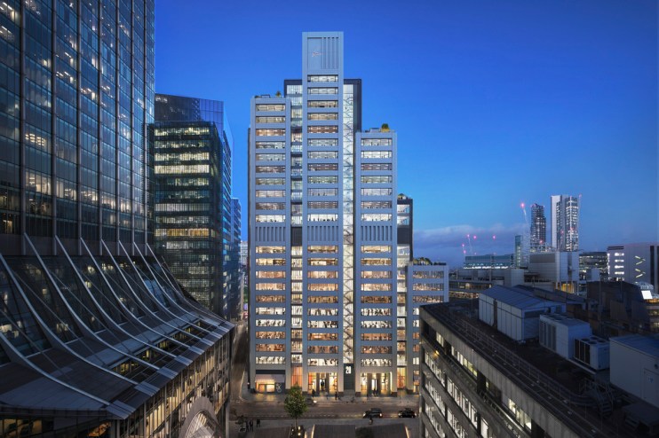 Exterior of 20 Ropemaker, a modern London office building, showcasing its sleek architecture and urban setting.