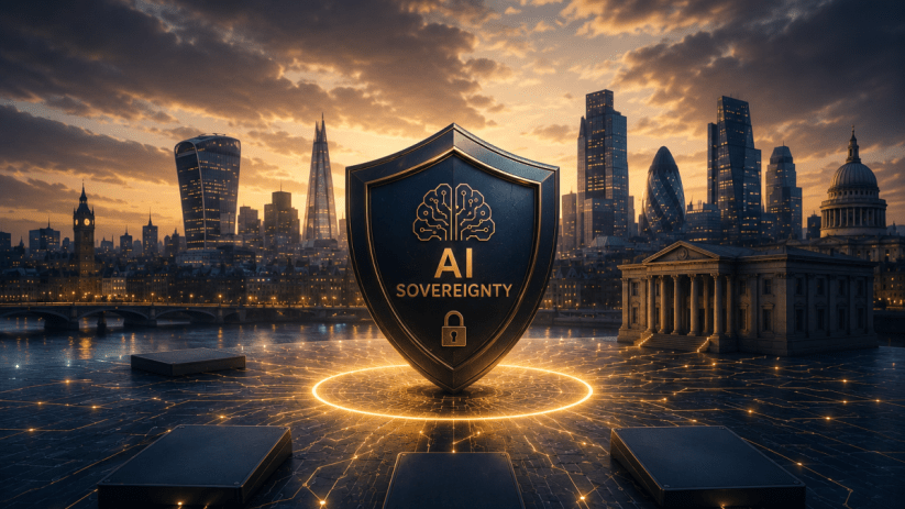 AI sovereignty shield with brain circuit icon and padlock, glowing lines on ground, London cityscape at sunset.