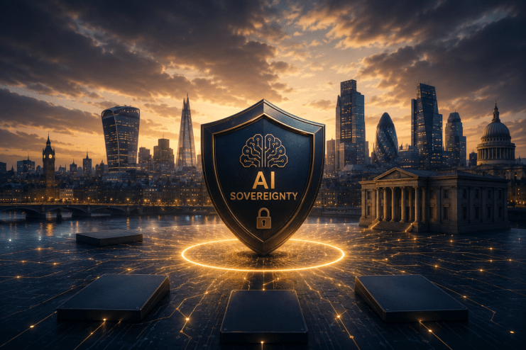AI sovereignty shield with brain circuit icon and padlock, glowing lines on ground, London cityscape at sunset.