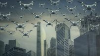 Swarm of AI-powered drones flying over a city skyline, symbolizing modern warfare and autonomous technology.