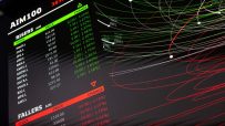 AIM100 stock market data display showing risers and fallers, with financial charts and percentage changes.