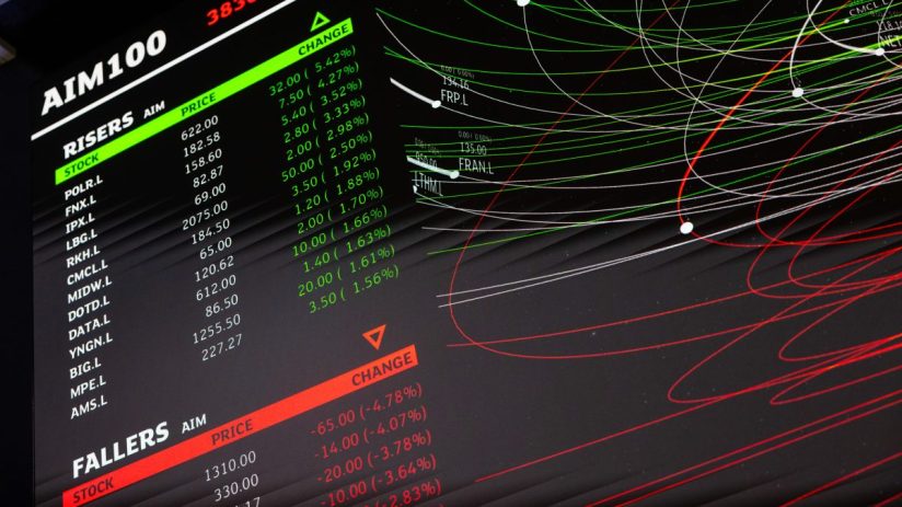 AIM100 stock market data display showing risers and fallers, with financial charts and percentage changes.