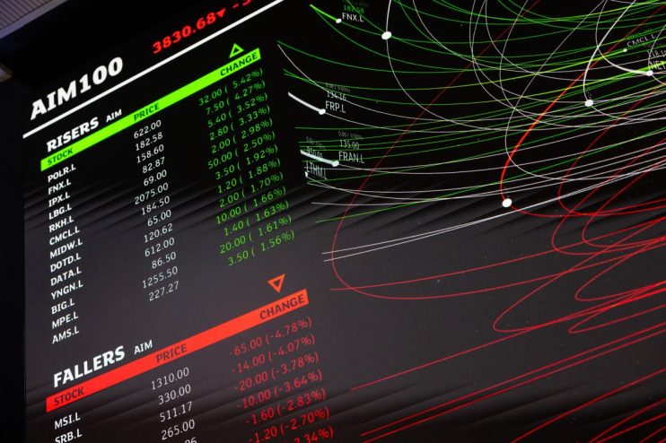 AIM100 stock market data display showing risers and fallers, with financial charts and percentage changes.