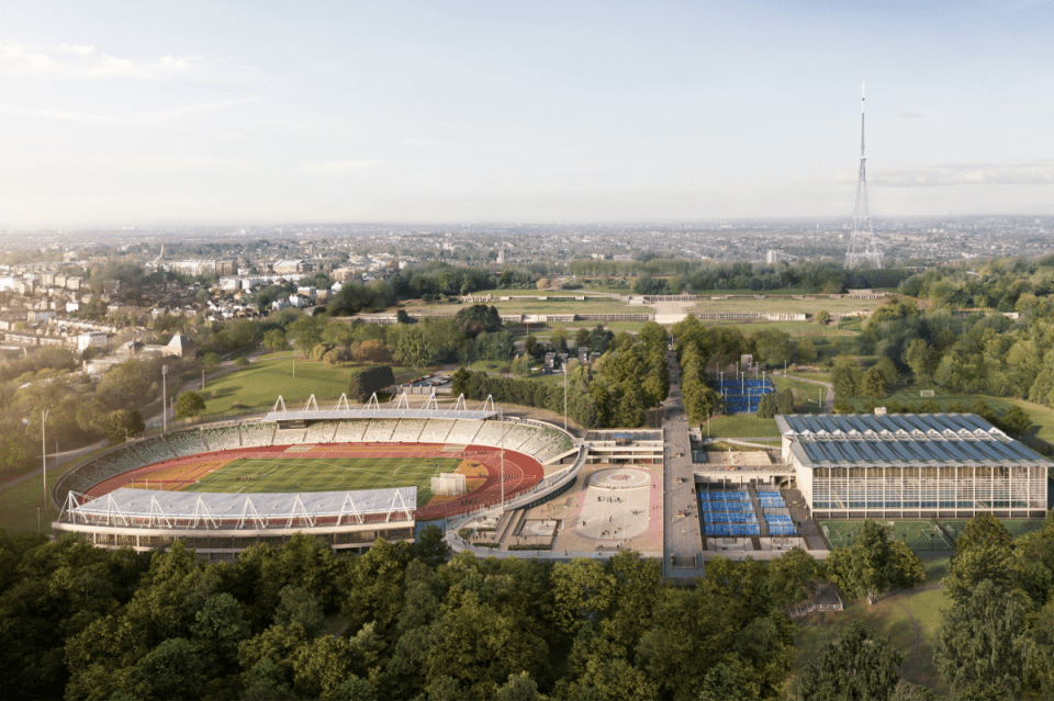 Aerial view of Crystal Palace National Sports Centre with stadium, athletic track, courts, and London skyline