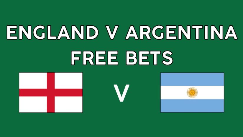 England vs Argentina rugby match promotional banner with free bets offer, featuring team logos and vibrant stadium background