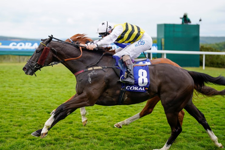 Jockey in yellow and black silks racing a brown horse with number 8 and Coral branding on a green track.