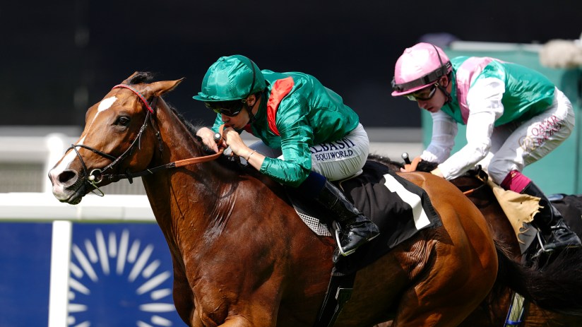 Jockey in a green racing silks riding a brown horse during a horse race, with another jockey in pink behind