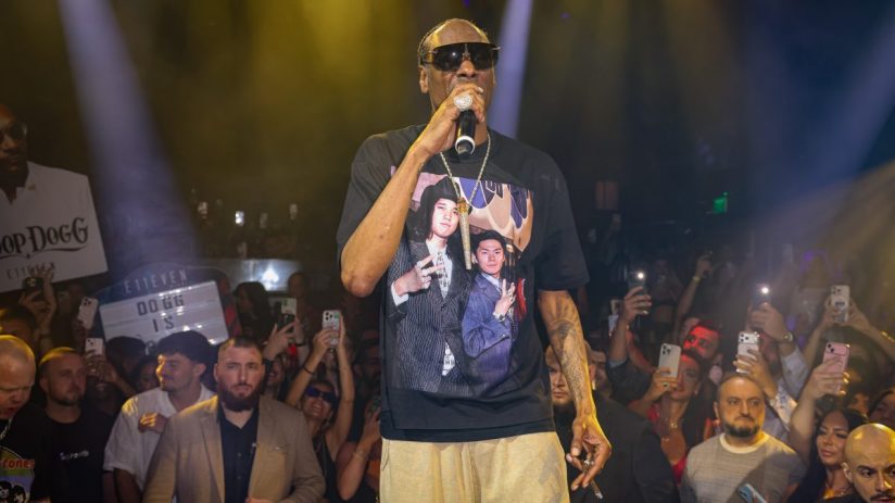 Snoop Dogg performing on stage, holding a microphone, wearing sunglasses and a graphic t-shirt, surrounded by a crowd
