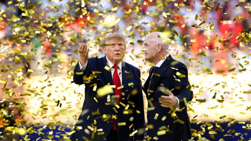 Donald Trump and Gianni Infantino surrounded by falling gold confetti at an event