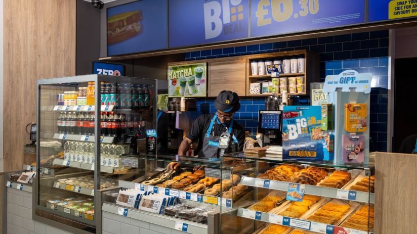 Interior of a Greggs bakery with a staff member behind the counter, displays of pastries, drinks, and The Big Deal signage.