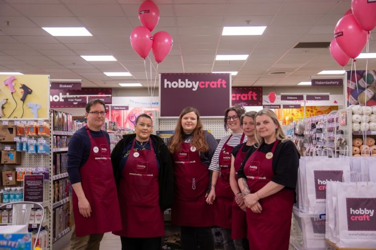 Hobbycraft store interior showcasing colorful craft supplies and materials neatly arranged on shelves for creative enthusi...