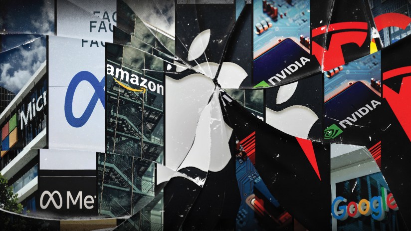 Depiction of the Magnificent 7 tech companies experiencing financial decline, with stock charts showing negative trends