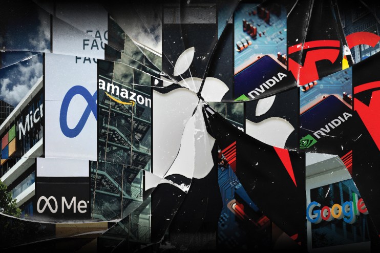 Depiction of the Magnificent 7 tech companies experiencing financial decline, with stock charts showing negative trends