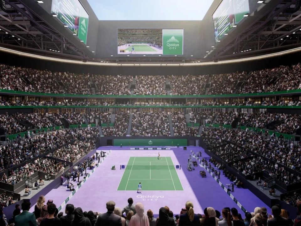 Rendered tennis stadium with a match in progress, full of spectators, large screens showing Qiddiya City logo.